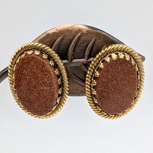 Vintage Goldstone Glittery Oval Dogtooth Prong Gold Tone Pierced Stud Earrings